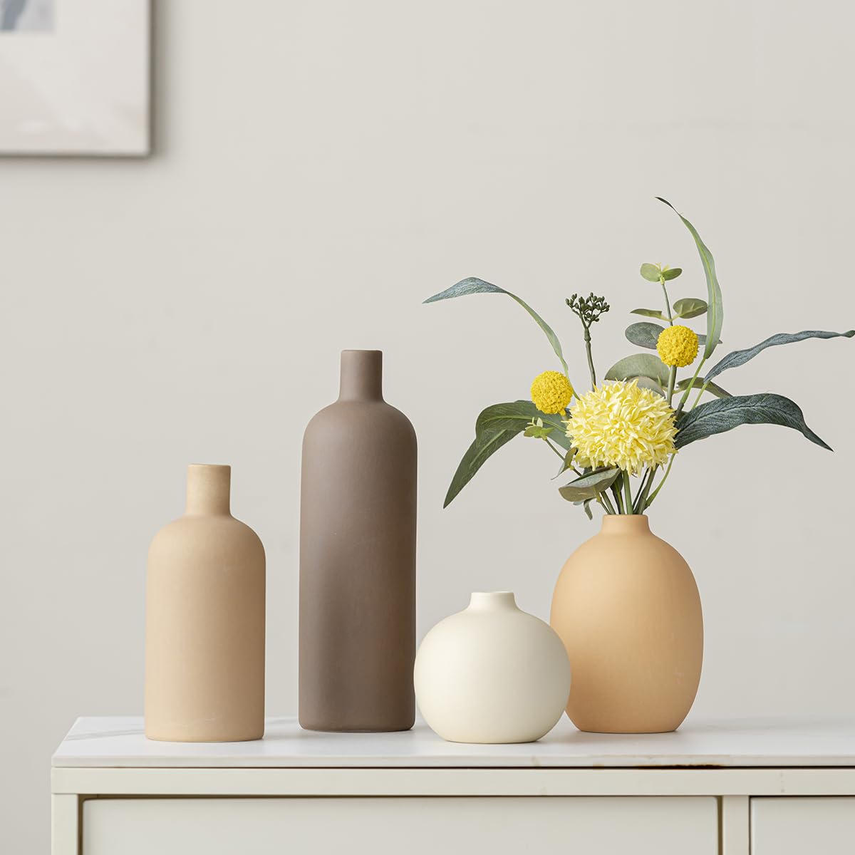 Decorative Ceramic Vase Set, 4-Piece Neutral Tones, Modern Boho Design for Living Room, Entryway, Mantel (Neutral Earth Tone set 4)