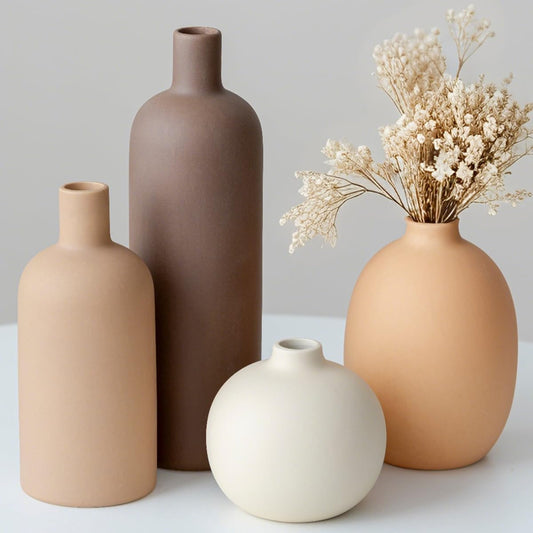 Decorative Ceramic Vase Set, 4-Piece Neutral Tones, Modern Boho Design for Living Room, Entryway, Mantel (Neutral Earth Tone set 4)