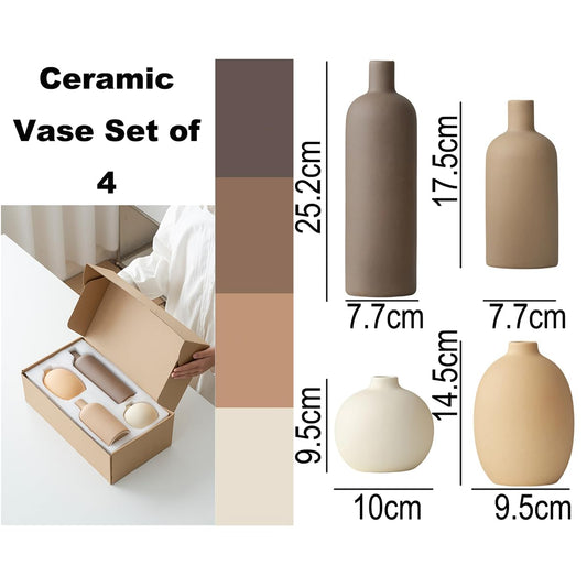 Decorative Ceramic Vase Set, 4-Piece Neutral Tones, Modern Boho Design for Living Room, Entryway, Mantel (Neutral Earth Tone set 4)