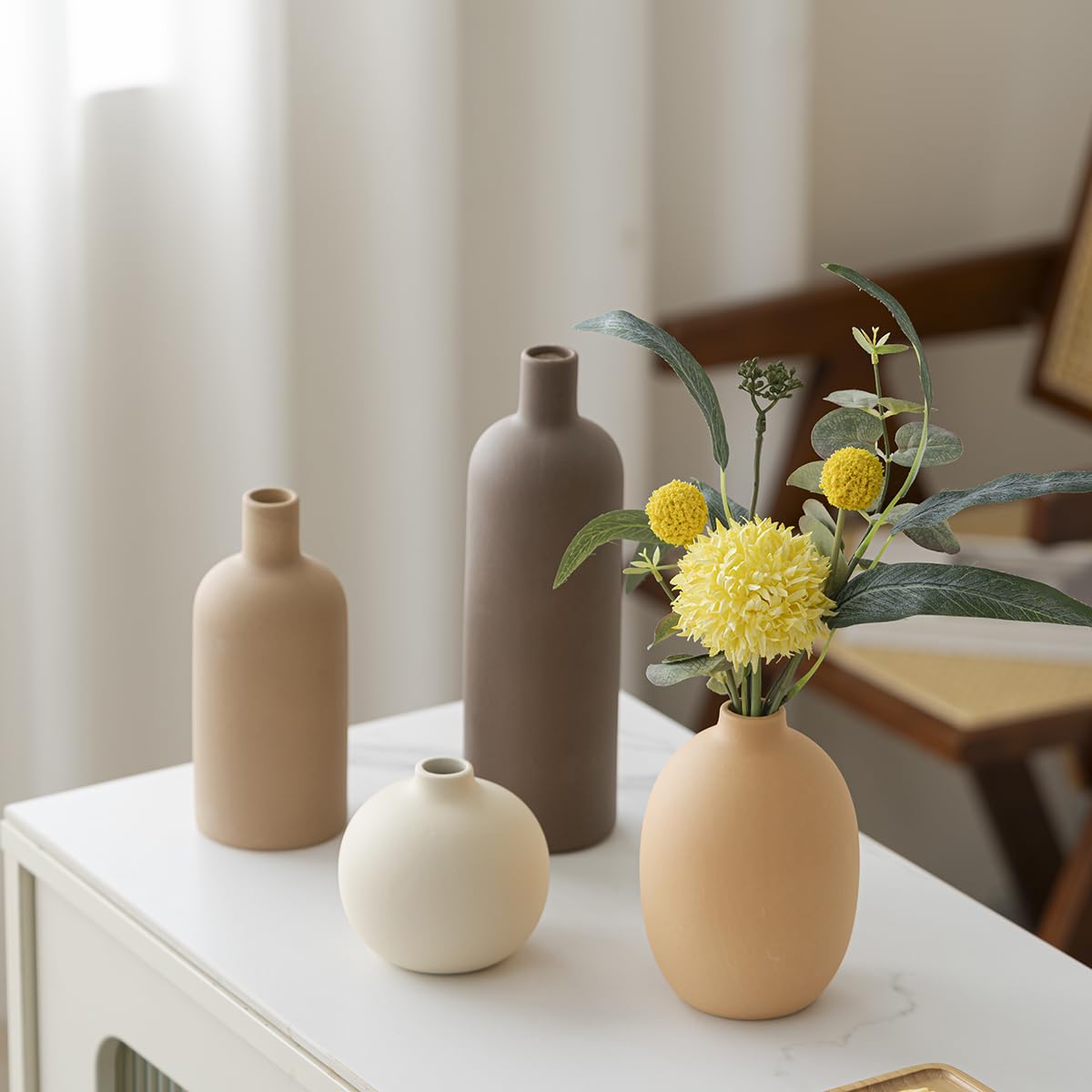 Decorative Ceramic Vase Set, 4-Piece Neutral Tones, Modern Boho Design for Living Room, Entryway, Mantel (Neutral Earth Tone set 4)